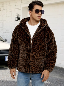Detail shot of a men's faux fur leopard print hooded jacket with a sturdy front zipper