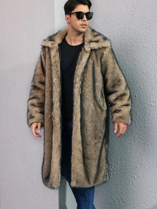 Men's faux fur long coat in brown and black stripes with classic lapel collar