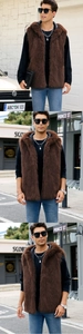 Detail of premium brown faux fur men's hooded vest with thick texture and inner lining