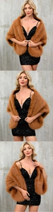 Macro view of plush brown faux fur texture and black lining on the elegant evening shawl