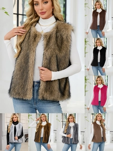 Women Elegant Faux Fur Vest Sleeveless Open Front Winter Warm Waistcoat Shaggy Fake Fur Jacket Commuting Outerwear Ladies