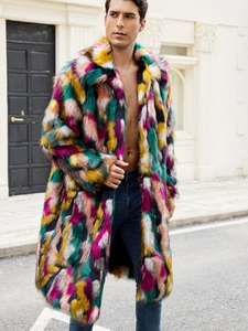 Men's colorful faux fur coat with oversized lapel and vibrant multi-color patchwork design