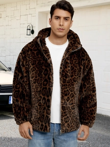 Detail shot of men's faux fur leopard jacket with hood and plush textured fabric