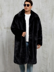 Men's stylish long black faux fur coat with oversized lapels for winter warmth
