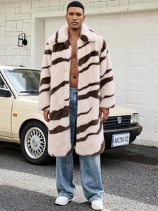 Men's Long Faux Fur Coat Zebra Print Tiger Stripe Winter Warm Plush Overcoat Fashion Streetwear Lapel Jacket