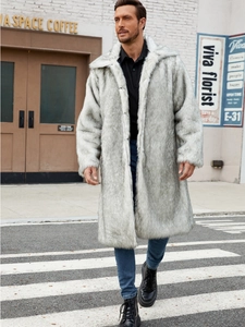 Men's long faux fur coat in light grey and white with big lapels and thick warm texture