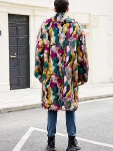 Rear view of a men's colorful faux fur camo coat featuring thick multicolored patchwork patterns
