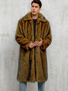 Men's faux fur overcoat in brown with square collar and warm thick long design