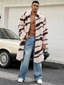 Men's faux fur coat with zebra stripes in long design and light beige and brown tones