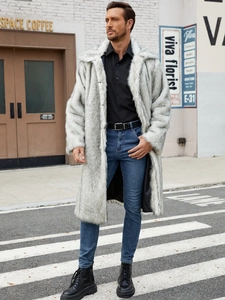 Men's stylish long faux fur coat in silver grey with wide collar for winter warmth