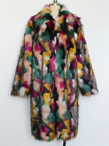Macro shot of colorful faux fur texture and multi-color patchwork on the winter coat