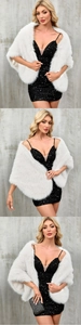 Detail of luxurious white faux fur shawl paired with a black sequin dress for evening galas