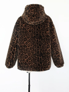 Close-up of high-quality faux fur leopard print jacket with thick plush texture
