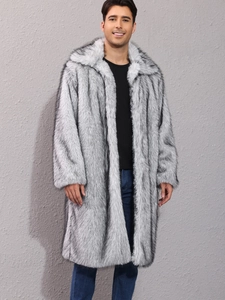 Men's silver-grey faux fox fur long coat with large lapel collar and thick warm lining