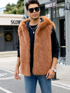 Brown faux fur hooded vest for men styled with black long sleeve and blue jeans