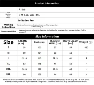 Size chart for faux fur jacket with chest and length measurements from S to 3XL