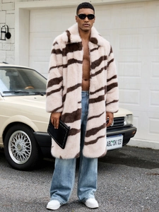 Men's faux fox fur long coat with brown zebra stripes and thick plush texture