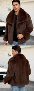 Dettaglio ravvicinato della trama in pelliccia sintetica marrone di questo cappotto da uomo
