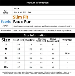 Tableau des tailles du manteau en fausse fourrure avec mesures précises de S à 3XL