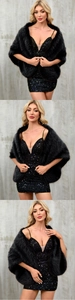 Detailed view of the plush black faux fur shawl with a shimmering sequin party dress