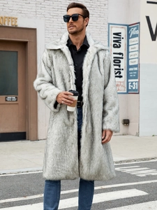 Outdoor street style view of men's long faux fur coat with thick collar in grey-white tone