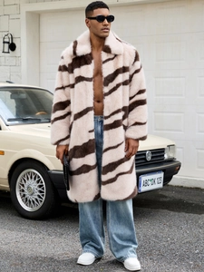 Men's zebra pattern faux fox fur long coat with large lapel in outdoor street style
