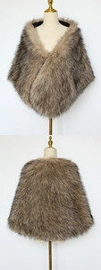 Front and back view of brown faux fur shawl wrap for formal evening dresses