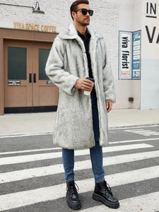 Detail view of men's long faux fur coat with grey texture and large lapel collar