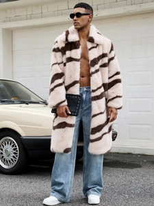 Detail of faux fox fur coat featuring zebra stripes and thick plush texture for men
