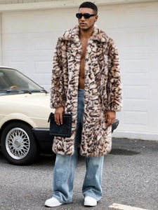 Manteau en fausse fourrure léopard pour homme avec grand revers, chaud et élégant