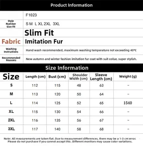 Guide des tailles détaillé pour manteau long en fausse fourrure homme du S au 3XL