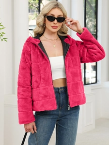 Stylish rose red hooded faux rabbit fur jacket with horizontal stripes for women