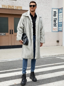Close-up of men's faux fur coat featuring grey animal texture and wide lapels in street style