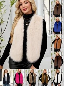 Gilet en Fausse Fourrure Élégant pour Femmes Col en V Sans Manches Court Gilet en Fourrure Artificielle pour Automne Hiver Fête Commuter