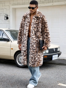 Manteau long pour homme en fausse fourrure léopard avec col à revers pour l'hiver chic