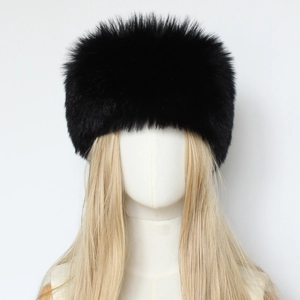 Front macro view of black faux fur Russian style hat showing fluffy texture and soft gloss