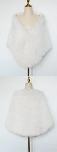 Front and back view of a plush white faux fur shawl for elegant evening wedding gowns