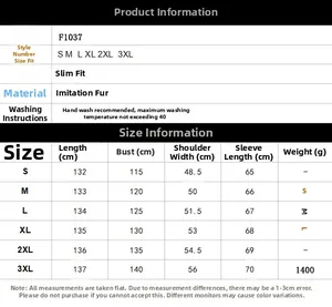 Detailed size chart for men faux fur long coat from S to 3XL with specific measurements