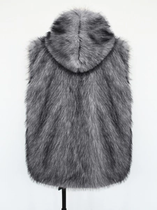 Detail view of grey faux fox fur vest with oversized hood and thick gradient texture