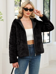 Women's black faux rabbit fur hooded jacket with zip-up design and quilted texture