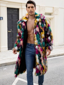 Men's colorful patchwork faux fur coat with oversized lapel for winter outdoor style