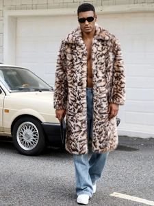 Manteau long en fausse fourrure léopard pour homme avec col à revers élégant