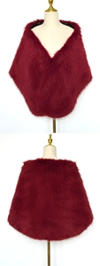 Front and back detail of long wine red faux fox fur shawl with thick glossy texture