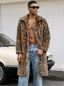 Manteau en Fausse Fourrure Imprimé Léopard pour Homme Pardessus d'Hiver Chaud Long Streetwear Rétro Veste de Mode