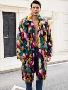 Men's colorful faux fur long coat with patchwork design and stylish notched lapels