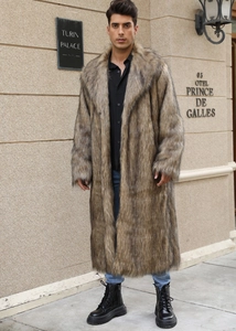 Close-up of gray faux fur texture on men long winter coat in an outdoor street setting