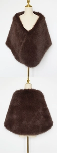 Front and back view of dark brown faux fox fur shawl with elegant V-neck wrap design