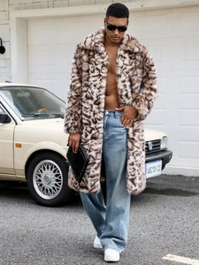 Manteau en fausse fourrure léopard pour homme avec grand revers pour mode d'hiver