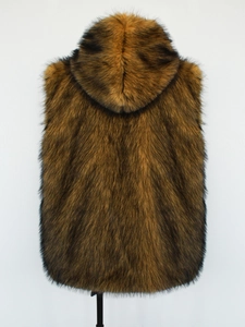 Back view of men's hooded faux fur vest featuring thick dark brown and black textured fibers