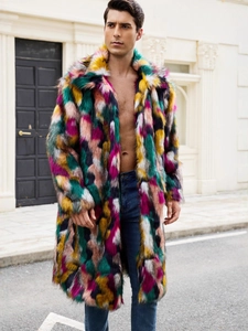 Men's colorful faux fur coat with oversized lapels in a vibrant multi-color block pattern